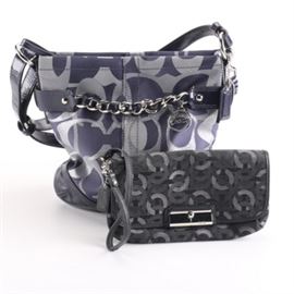 Coach Shoulder Bag and Wallet: A Coach shoulder bag and wallet. This selection consists of two items, featuring a monogram print bag with silver-tone accents and a black and silver tone wristlet. The bag is numbered E1276-F19820 and the items are labeled by the manufacturer.