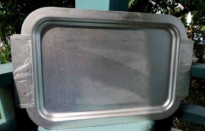 Vintage Aluminum Tray with Ship Decoration