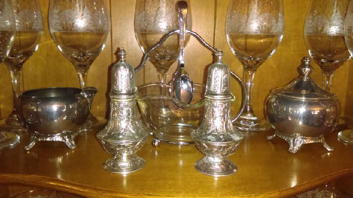 s & p shakers silver plate $10, etched glassware $2 each