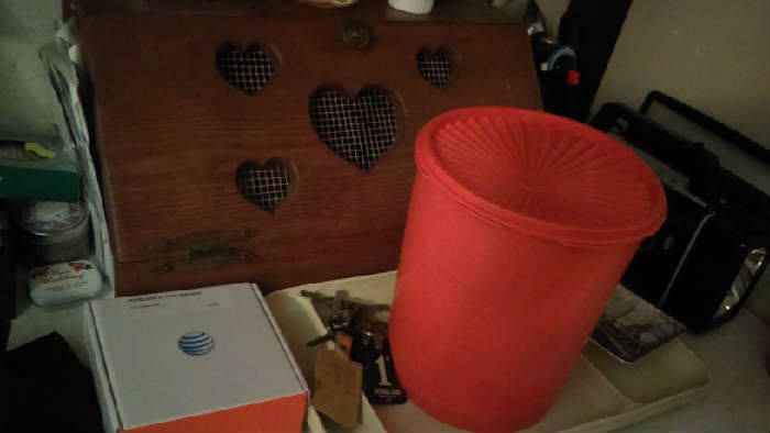 wooden heart box bread or potato keeper $15, orange Tupperware canister $6