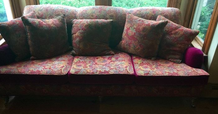 Floral Tapestry 3 Cushion Sofa on Wheels w/ Magenta Mohair Accents (87’’ x 43’’ x 33’’)