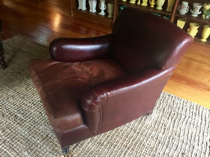 George Smith Chestnut Brown Leather Club Chair on Wheels (34’’ x 44’’ x 34’’)