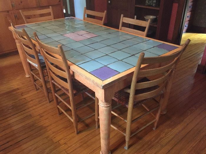 Tile Top Pine Country Kitchen Table w/ 6 Hand Crafted Pine Chairs with Re-Caned Seats (2 Arm & 4 Side)