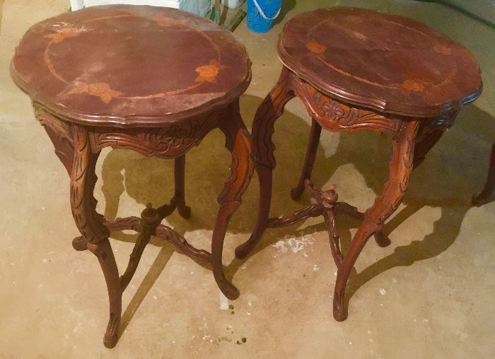 Pair of Round Carved Inlayed Mahogany Tables (18.5’’ x 29’’)