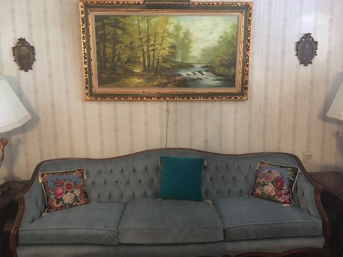 •	1940s Chesterfield French Couch with Needlepoint Pillows, original oil painting