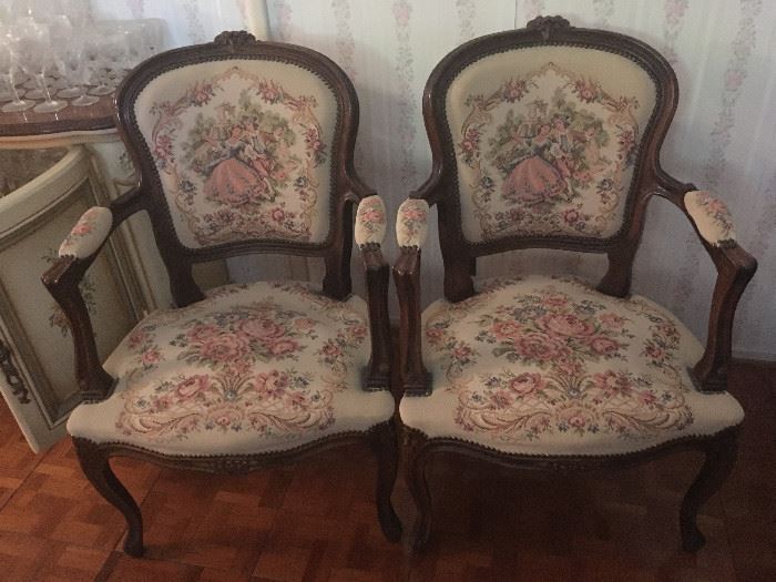 •	Set of  Six 19th Century Style French Antique Louis Xvi Style Brocaded / Needlepoint Fauteuils Chairs