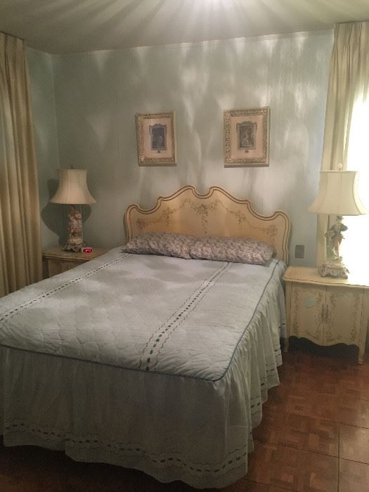 Painted Cottage Shabby Chic Marie Antoinette Romantic French made Bedroom set with dresser, twin bed, side tables.