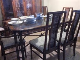 Thomasville Transitional glass-topped bamboo table, 6 chairs and china hutch