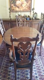 gorgeous Spanish Revival oak dining set - 6 chairs, 2 leaves - seats a crowd!  