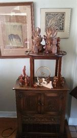 international wooden carvings, small carved cabinet, butler's table (1 of 2),  Jefferson 'Golden Hour' Mystery clock - non working