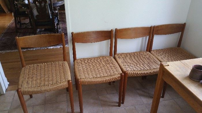 set of 4 Mid century dining chairs with twine seats, teak frames - great condition