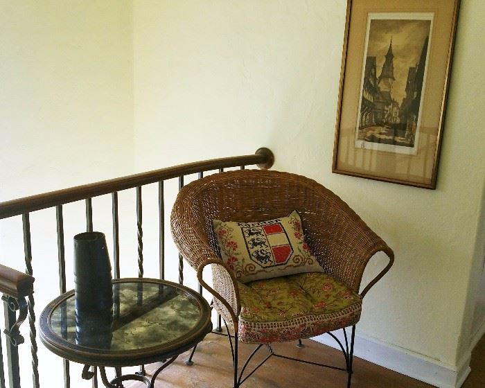 contemporary mirror table, rattan chair