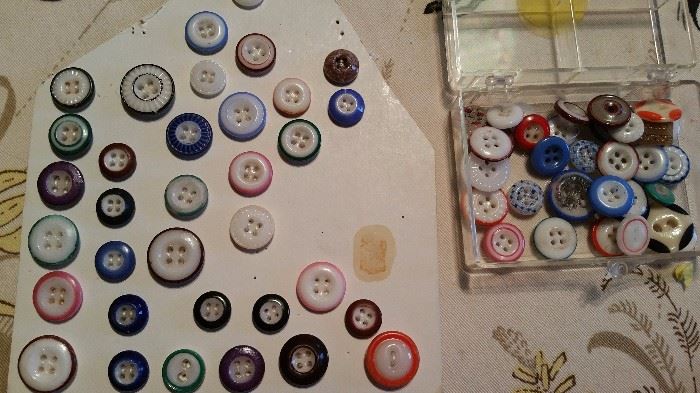 'ringer' and 'calico' buttons - glass and porcelain with different colored rings and decor