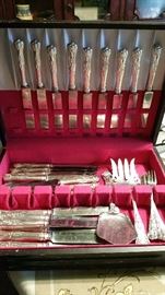 Huge mixed set of sterling silver flatware - VERY similar patterns by related companies - alternately called "Kings III" (Dominick & Haff) "Queens" (Reed & Barton) and "King George" (Gorham for JE Caldwell)