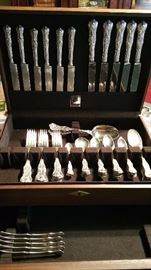 to repeat -- Huge mixed set of sterling silver flatware - VERY similar patterns by related companies - alternately called "Kings III" (Dominick & Haff) "Queens" (Reed & Barton) and "King George" (Gorham for JE Caldwell)  Clear as mud, huh?  anyway it is beautiful!!