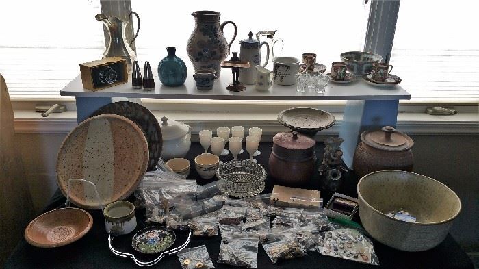 misc pottery, glass ware, Wade tea animals, pewter, stoneware....buttons, studio pottery