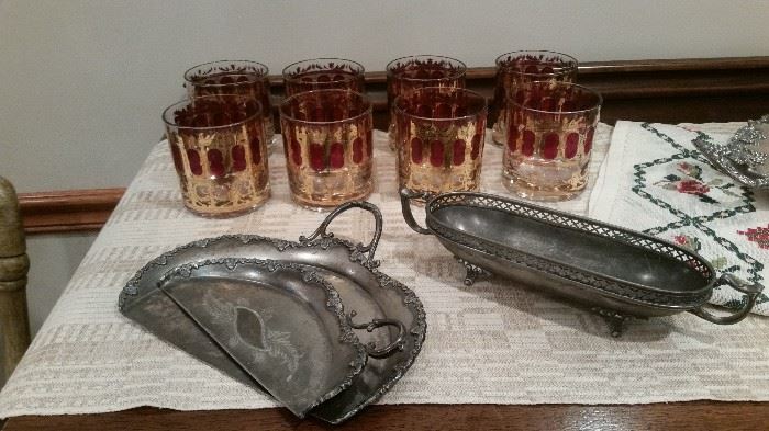 silver plate crumbers and relish dish; 8 pieces Culver Cranberry Scroll double old fashioned glasses