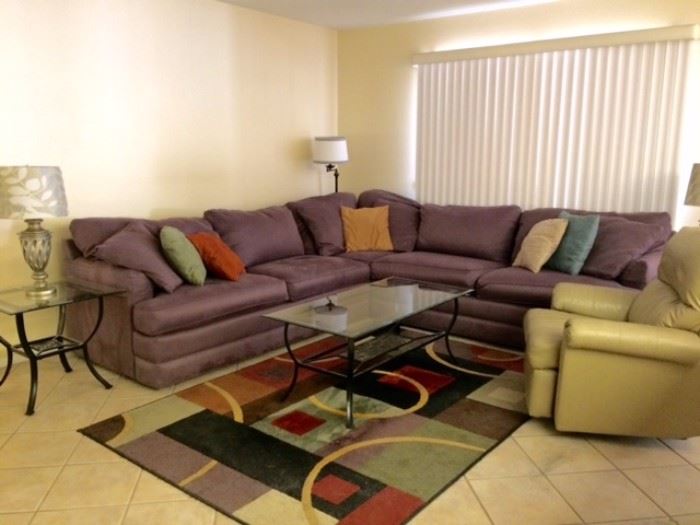 LaZBoy 2-piece purple Sectional, Metal/Glass Coffee Table, matching end tables