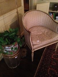 Brass plant stand; Asian planter; upholstered antique barrel back chair