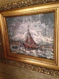 Framed sailboat oil