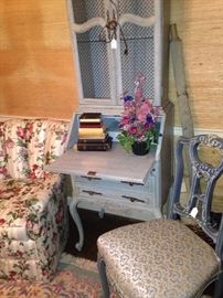 Floral upholstered bedroom chair; pale blue French secretary & chair