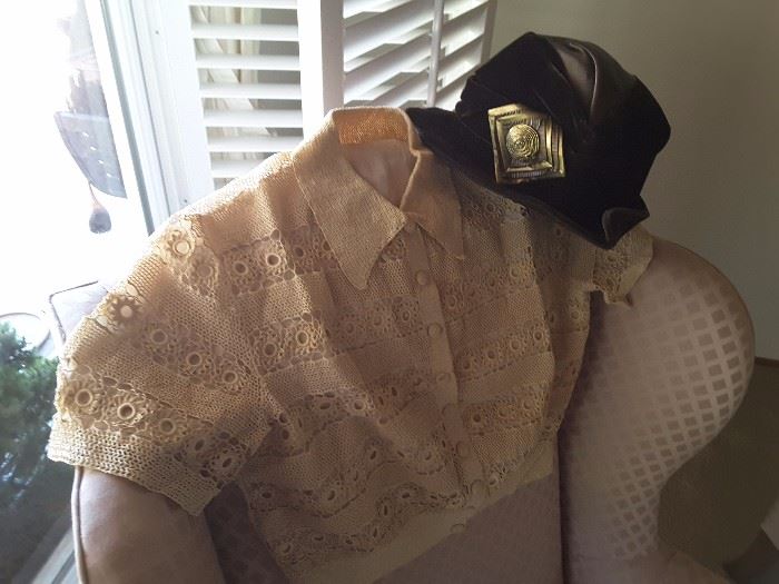 Vintage lace half shirt, Vintage hat black velvet and satin with decorative symbol