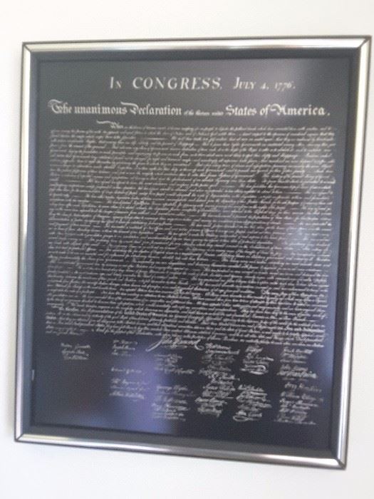 The Declaration of Independence of the United States of America framed.
