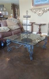 Leather sofa, glass top iron coffee table, several side tables