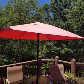 Patio table w/4 rocker/swivel chairs, umbrella and stand