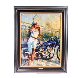 David Uhl Limited Edition Giclee "Brittney": A David Uhl limited edition giclee Brittney. Depicted in this print is a pretty girl leaning against a Harley-Davidson motorcycle with a Ferris wheel in the background. The giclee is signed and numbered in the lower right corner “4/140”. A plaque attached to the frame reads “Brittney By David Uhl, 2016”. The art comes displayed in a black painted wooden frame with a certificate of authenticity attached to the reverse.