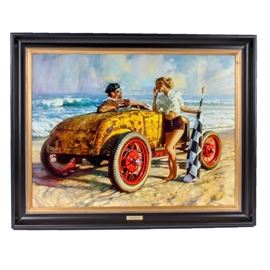 David Uhl Limited Edition Giclee "Winner Takes All": A David Uhl limited edition giclee Winner Takes All. Depicted in this print is a man in a race car on a beach flirting with a flag girl. This print is signed on the lower right and number 4/12. A brass plate attached to the frame reads “Winner Takes All” By David Uhl, 2016. The art comes displayed in a black wooden frame with a certificate of authenticity attached to the back.