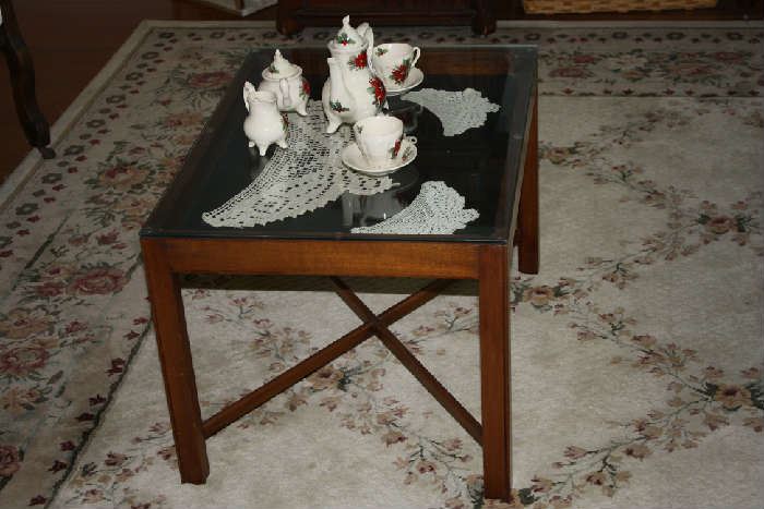 Antique Shadow Box Table, Tea Set, 8x12 Rug