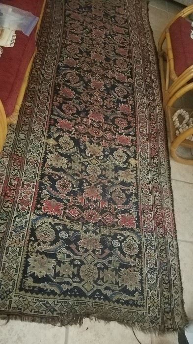 hand woven antique rug, hall runner, end damage but great style and look