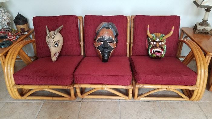 3 separate chairs can be used in interesting combinations with matching wedge tables or as a sofa set as shown, great masks all around of many ethnicities