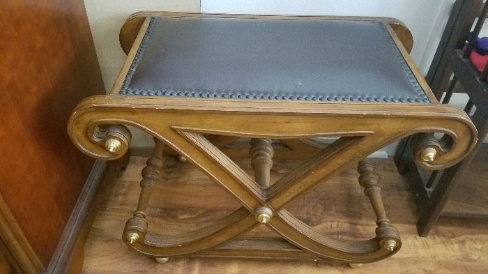 bench seat with brass tacked leather top, Italian antique style 