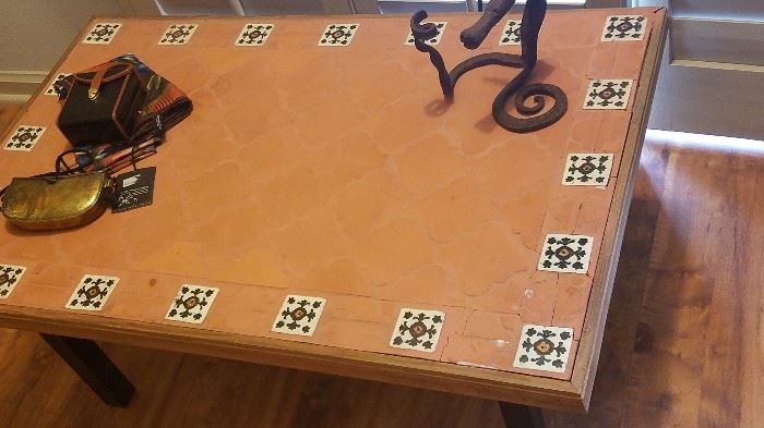 pottery tile top table with wood legs and sides in good condition