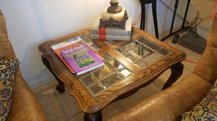 end table, matching coffee table, each glass section has 9 beveled glass leaded panels, quality edging and carving on Queen Anne legs