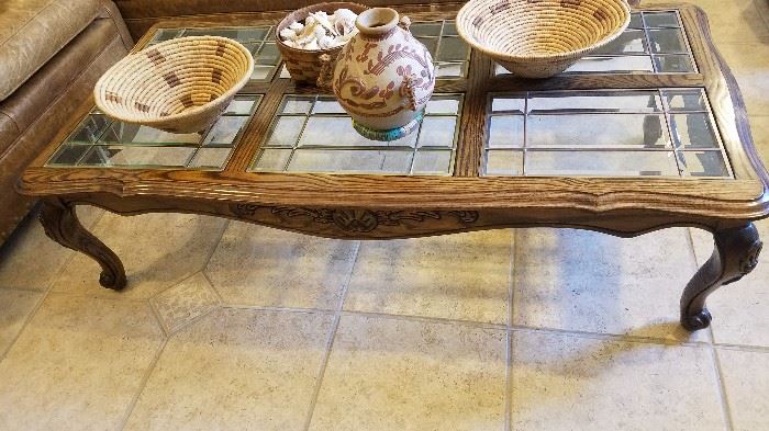 Coffee tabe matches end table, 6 beveled glass panels of 9 sections in each make lovely set
