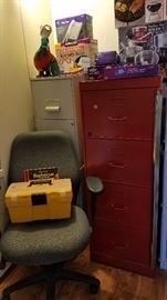 Red file cabinet, new in box items, office chair, smaller file cabinet