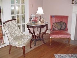 Slipper chairs; Victorian marble-top parlor table