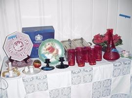 Set of four Spode plates,Cranberry glass carafe and glasses, Cambridge black glass candlesticks, chambersticks, Capodimonte Roses, Double Silverplated casserole