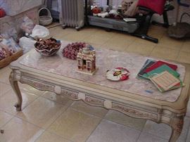 Marble top coffee table,  Harmony Kingdom Paris  Opera House, Christmas books including  Celestine Sibley's Christmas  in Georgia, autographed copy
