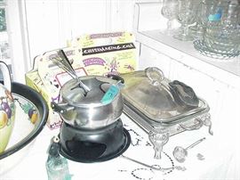 Fondue pot and skewers, silverplated covered casserole