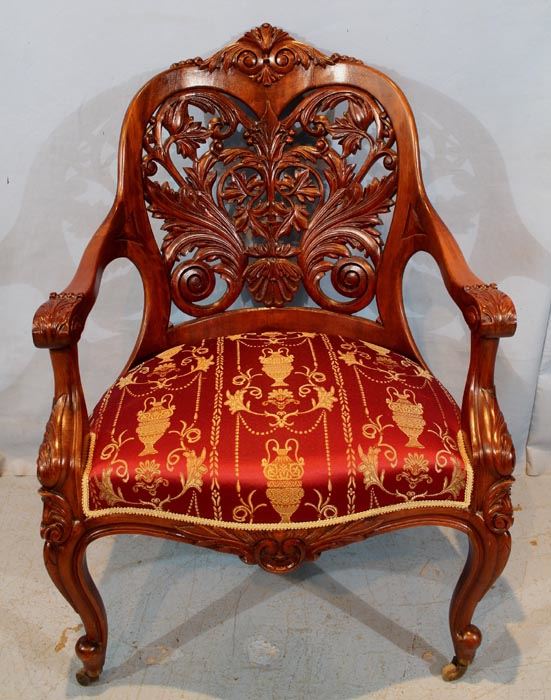 033a  Rosewood laminated pierce carved parlor chair attrib. to Springmeir, 39 in. T, 26 in. W, 20 in. D.