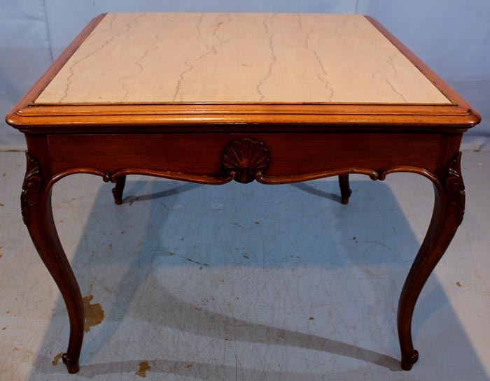 244a  Large 2 drawer square library table, walnut with marble insert top, 30 in. T, 40 in. Sq.
