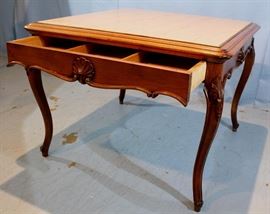244b  Large 2 drawer square library table, walnut with marble insert top, 30 in. T, 40 in. Sq.
