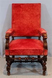 293a  Mahogany fireside chair with lions head on arms and turned finials, 43 in. T, 24 in. W, 20 in. D.