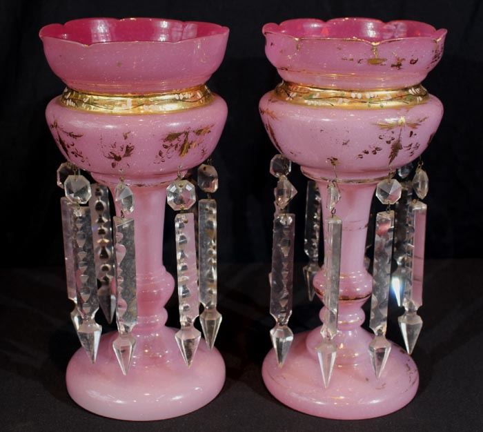 330a  Pair pink mantle lusters with gold enamel paint, 12 in. T, 6 in. Dia.