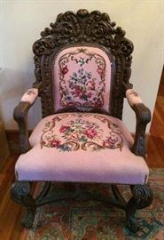 368a  Pink needlepoint chair, possibly A. Roux, 42 in. T, 28 in. W, 26 in. D.