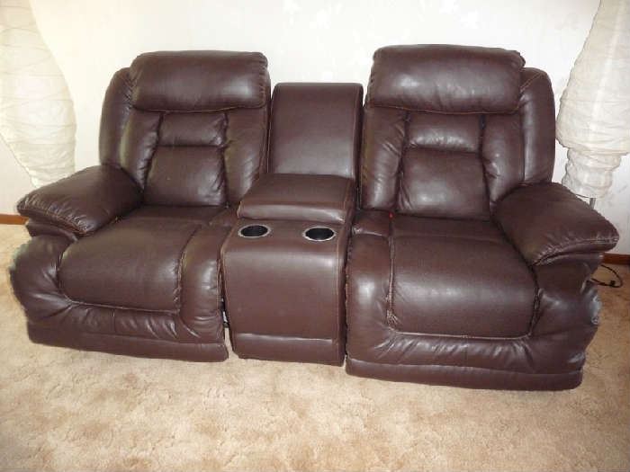 BROWN LEATHER POWER DUAL RECLINER SOFA